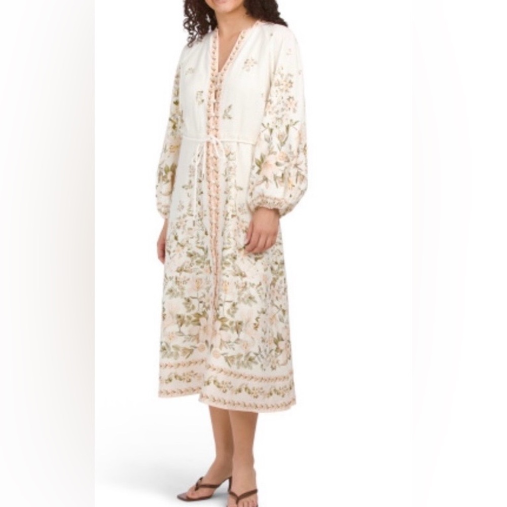 Calypso St. Barth Linen Cream Floral Long-Sleeve Midi Dress L